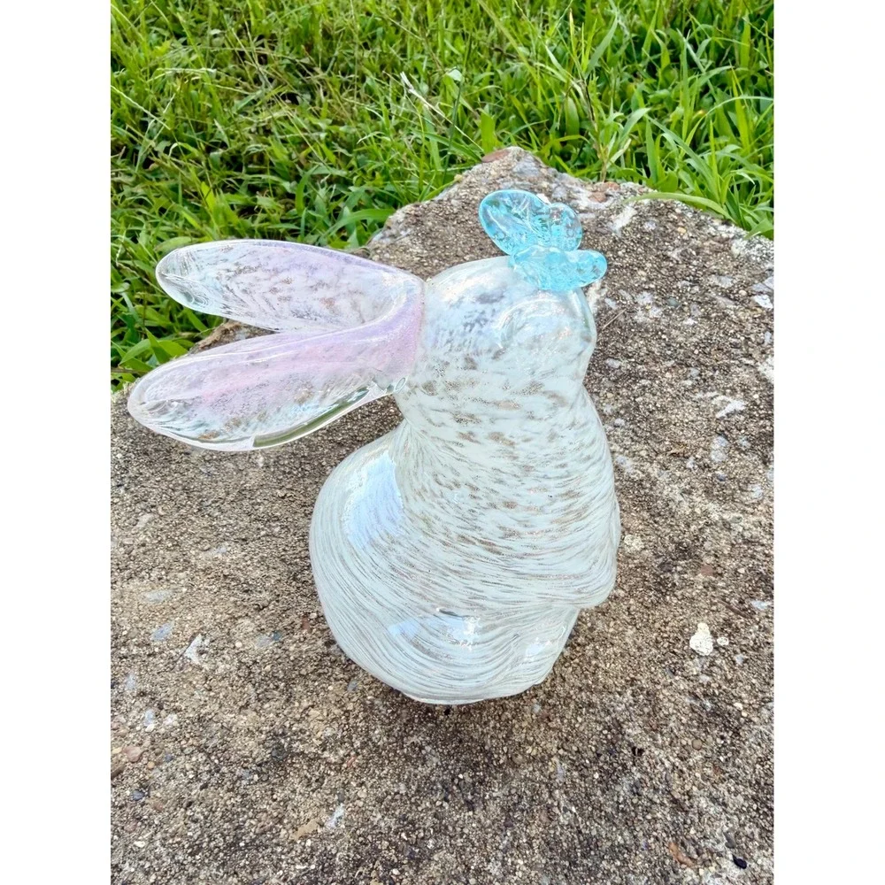 Hand Blown Art Glass Bunny Figurine White Swirl Pink Ears Blue Butterfly 8.5in